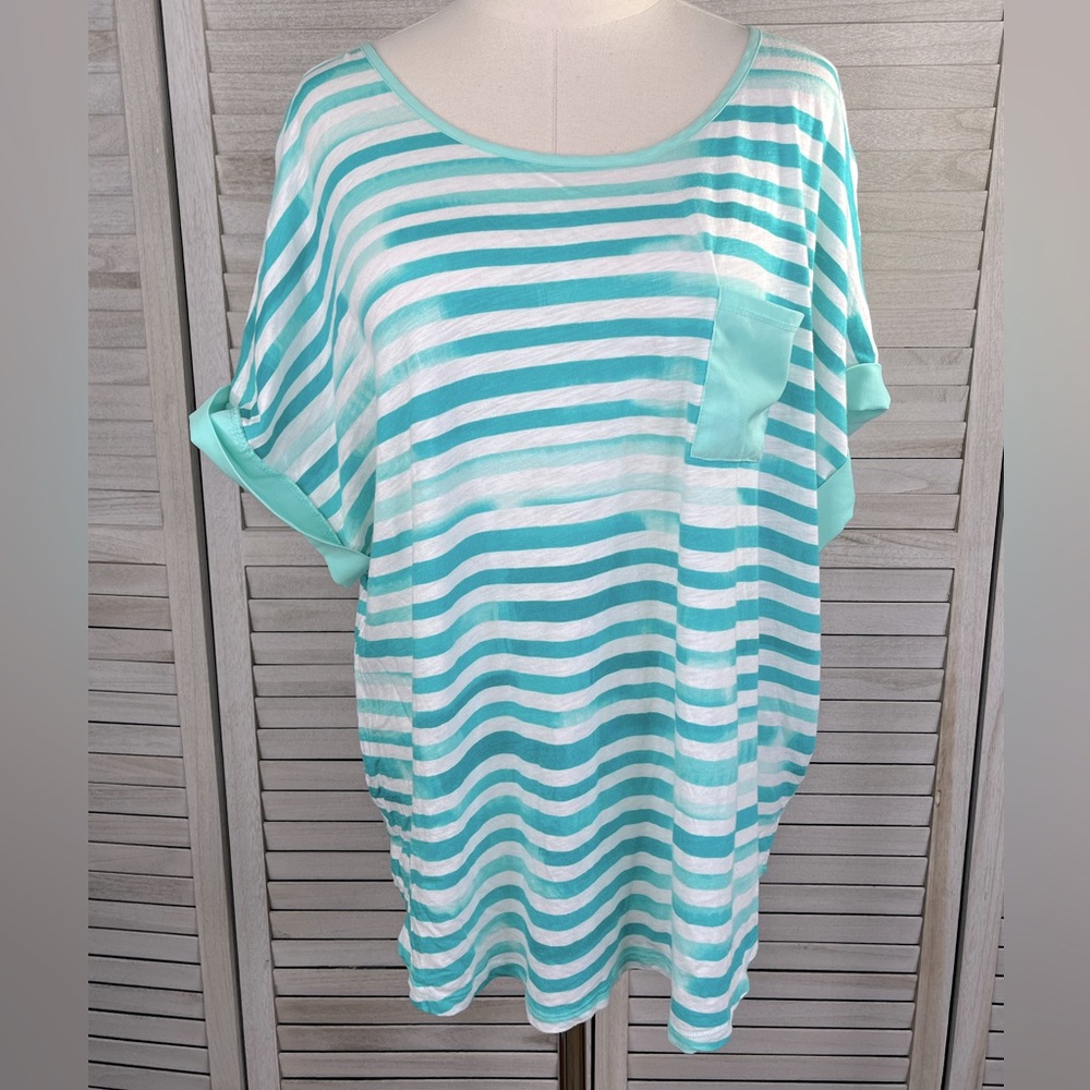 ADRIENNE VITTADINI Striped Pocket Tee Cuffed Sleeves Teal Green/White-XXL